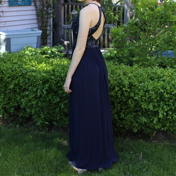 Vera Wang Blue Sequin Long Prom Dress - Picture 3 of 5